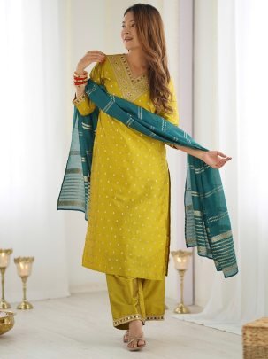 Designer Mustard Jacquard Suit With Silk Blend Pant And Dupatta