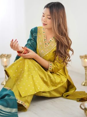 Designer Mustard Jacquard Suit With Silk Blend Pant And Dupatta