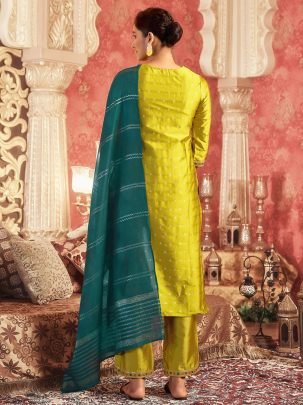 Designer Mustard Jacquard Suit With Silk Blend Pant And Dupatta