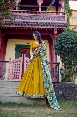 Designer Mustard Vichitra Silk Embroidered Lehenga with Kalamkari Print Dupatta