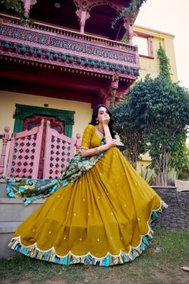 Designer Mustard Vichitra Silk Embroidered Lehenga with Kalamkari Print Dupatta