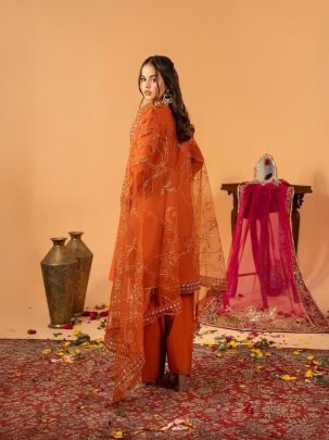 Designer Natural Silk Orange Suit With Embroidered Net Dupatta