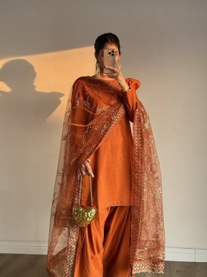 Designer Natural Silk Orange Suit With Embroidered Net Dupatta