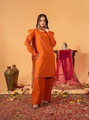 Designer Natural Silk Orange Suit With Embroidered Net Dupatta