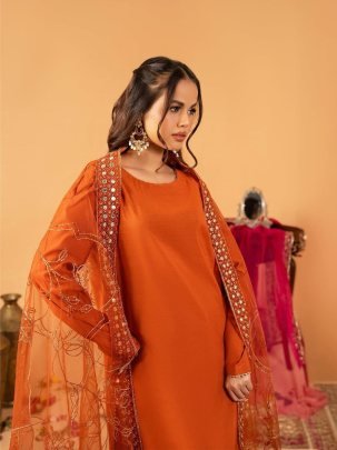 Designer Natural Silk Orange Suit With Embroidered Net Dupatta