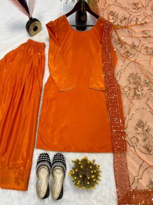 Designer Natural Silk Orange Suit With Embroidered Net Dupatta