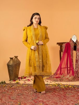 Designer Natural Silk Yellow Suit With Farshi Style Salwar And Net Dupatta
