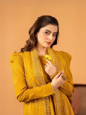 Designer Natural Silk Yellow Suit With Farshi Style Salwar And Net Dupatta