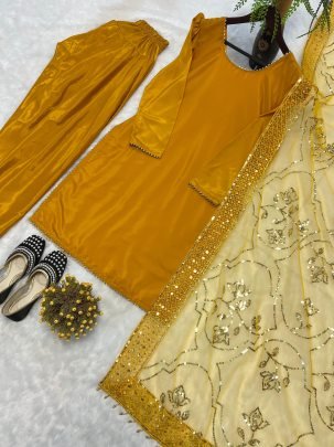 Designer Natural Silk Yellow Suit With Farshi Style Salwar And Net Dupatta