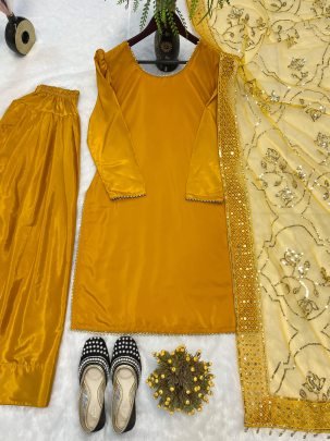 Designer Natural Silk Yellow Suit With Farshi Style Salwar And Net Dupatta