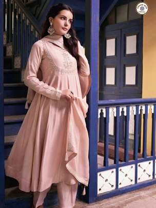Designer Onion Pink Vichitra Silk Embroidered Work Suit With Bottom And Dupatta