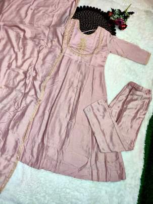 Designer Onion Pink Vichitra Silk Embroidered Work Suit With Bottom And Dupatta