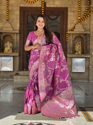  Designer Paithani Silk Onion Pink Saree With Matching Flower Design Pallu