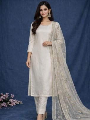 Designer Party Wear Silk White Suit With Farshi Salwar And Net Dupatta