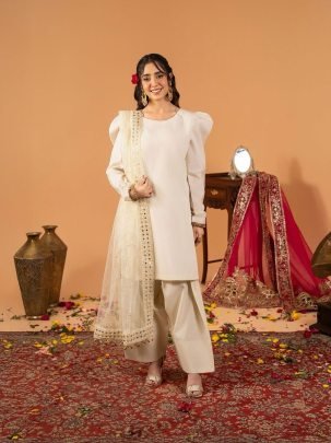 Designer Party Wear Silk White Suit With Farshi Salwar And Net Dupatta