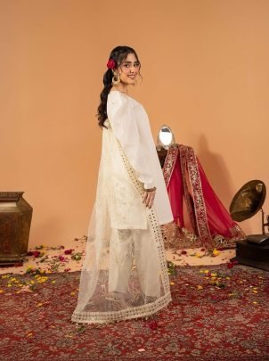 Designer Party Wear Silk White Suit With Farshi Salwar And Net Dupatta
