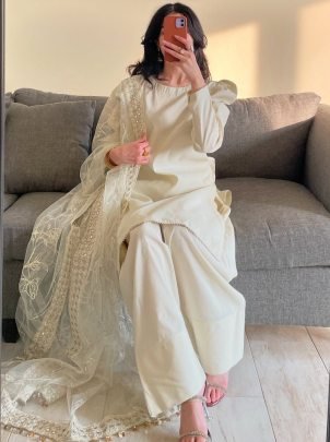 Designer Party Wear Silk White Suit With Farshi Salwar And Net Dupatta