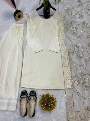 Designer Party Wear Silk White Suit With Farshi Salwar And Net Dupatta
