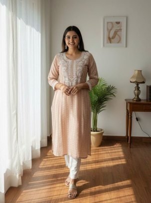 Designer Peach Khadi Cotton Butti Embroidered Kurti