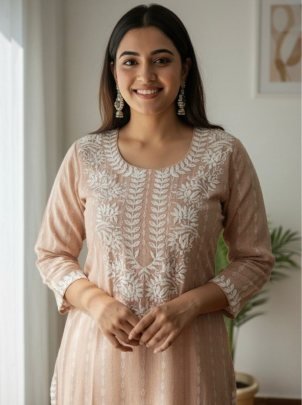 Designer Peach Khadi Cotton Butti Embroidered Kurti