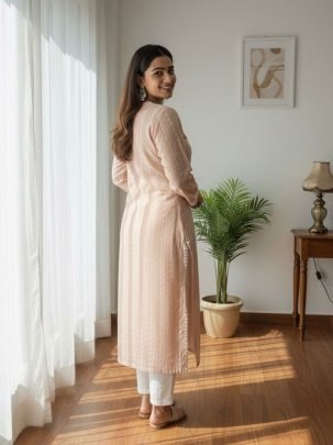 Designer Peach Khadi Cotton Butti Embroidered Kurti