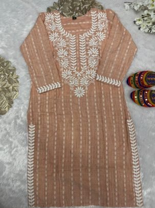 Designer Peach Khadi Cotton Butti Embroidered Kurti