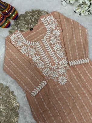 Designer Peach Khadi Cotton Butti Embroidered Kurti