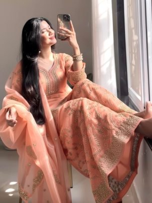 Designer Peach Pure Gmy Silk Plazzo Suit With Sequence Coding Dori Work Dupatta
