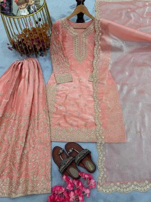 Designer Peach Pure Gmy Silk Plazzo Suit With Sequence Coding Dori Work Dupatta