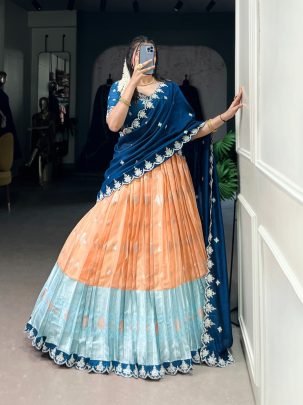 Designer Orange Kota Embroidered Lehenga With Royal Blue Vichitra Silk Dupatta And Sky Blue Border