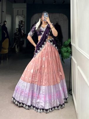 Designer Peach Zari Kota Embroidered Lehenga With Purple Vichitra Silk Dupatta