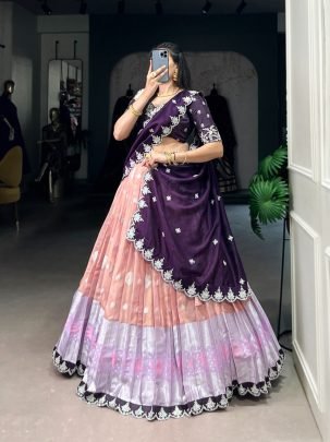 Designer Peach Zari Kota Embroidered Lehenga With Purple Vichitra Silk Dupatta