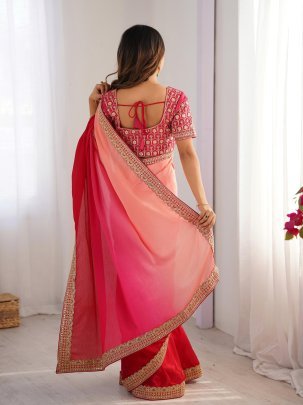 Designer Pink Chinon Silk Saree With Matching Mono Banglori Blouse