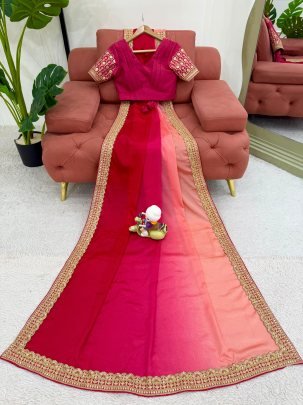 Designer Pink Chinon Silk Saree With Matching Mono Banglori Blouse