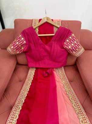 Designer Pink Chinon Silk Saree With Matching Mono Banglori Blouse
