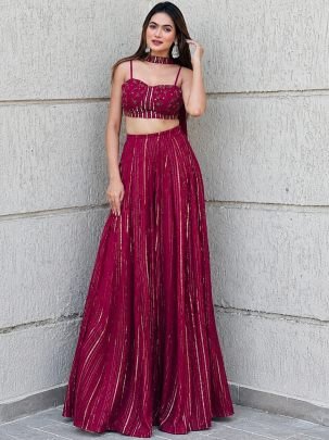 Designer Pink Crop Top Lehenga With Dupatta