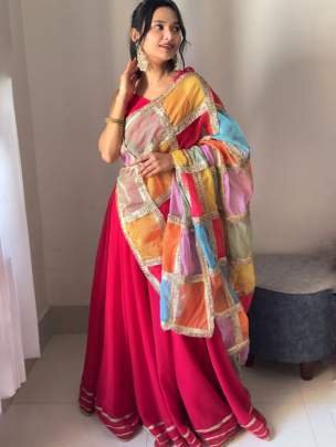 Designer Pink Georgette Lehenga With Blouse And Multicolor Organza Dupatta