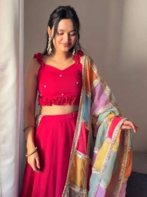 Designer Pink Georgette Lehenga With Blouse And Multicolor Organza Dupatta