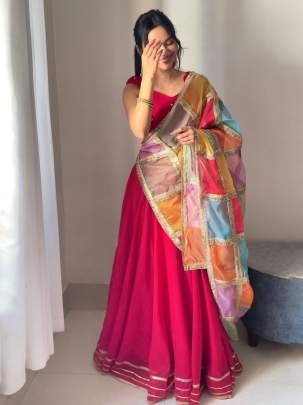 Designer Pink Georgette Lehenga With Blouse And Multicolor Organza Dupatta