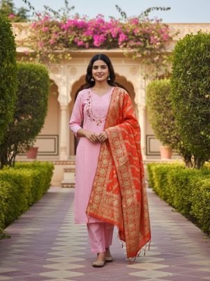 Designer Pink Handwork Roman Silk Suit With Jacquard Red Dupatta