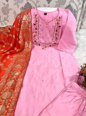 Designer Pink Handwork Roman Silk Suit With Jacquard Red Dupatta