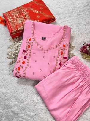 Designer Pink Handwork Roman Silk Suit With Jacquard Red Dupatta