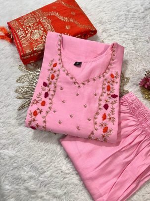 Designer Pink Handwork Roman Silk Suit With Jacquard Red Dupatta