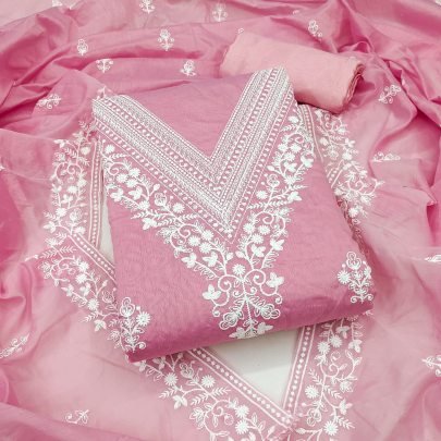 Designer Pink Heavy Chanderi Embroidered Dress Material With Dupatta