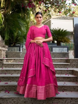 Designer Pink Pure Chanderi Silk Lehenga Choli Set With Zari Weaving Border