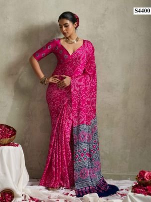 Designer Pink Satin Silk Bandhani Printed Saree With Unstitched Blouse