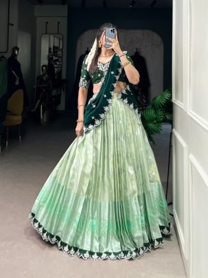 Designer Pista Zari Kota Embroidered Lehenga With green Vichitra Silk Dupatta And Border