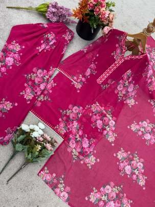 Designer Pure Georgette Digital Printed Top Suit With Pent And Dupatta