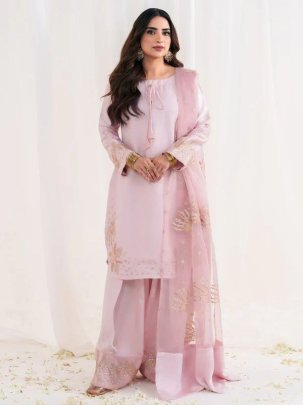 Designer Pure Natural Crepe Silk Embroidered Top Plazzo Set With Organza Dupatta