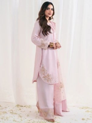 Designer Pure Natural Crepe Silk Embroidered Top Plazzo Set With Organza Dupatta